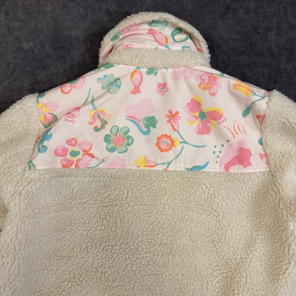 Preloved Women COACH Blocked Floral Cream Sherpa Oversize Jacket Small Winter - Picture 12 of 16